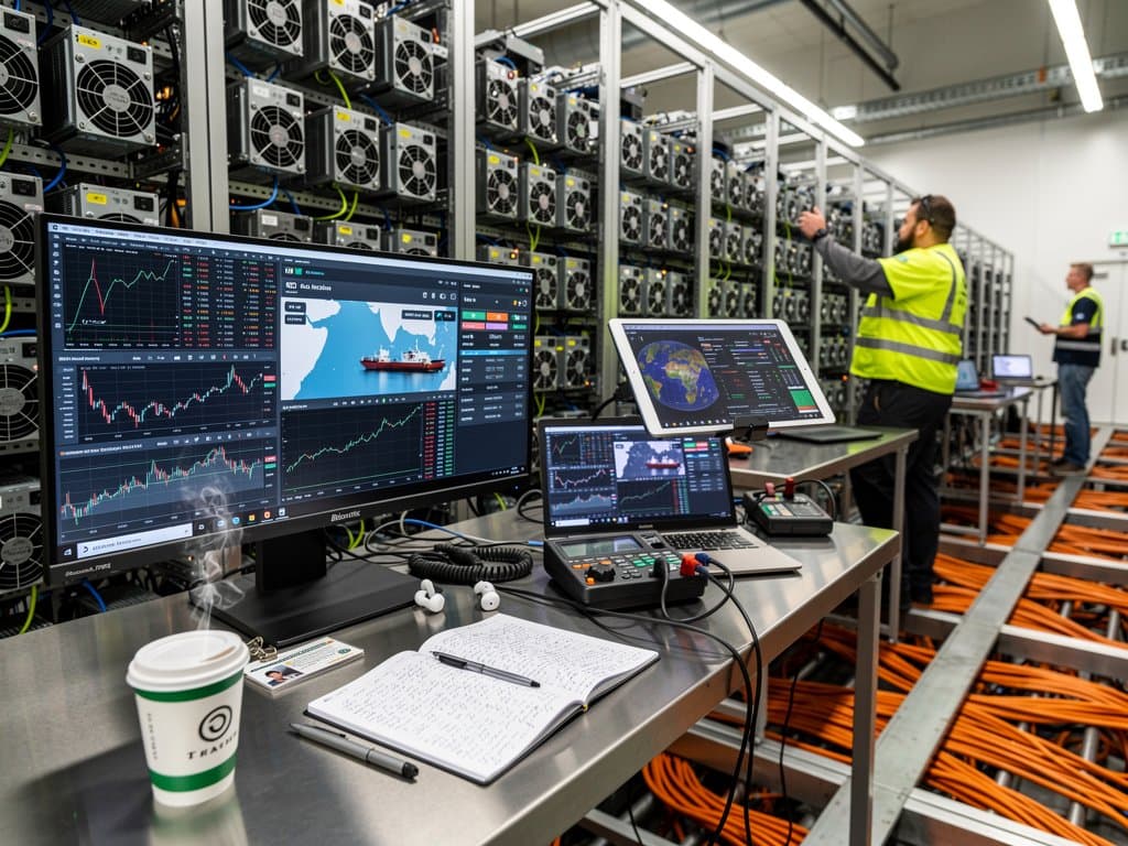 Bitcoin mining data center featuring battery storage racks, ASIC miners, monitors with BTC price at $77,601, and grid metrics during Hormuz tensions