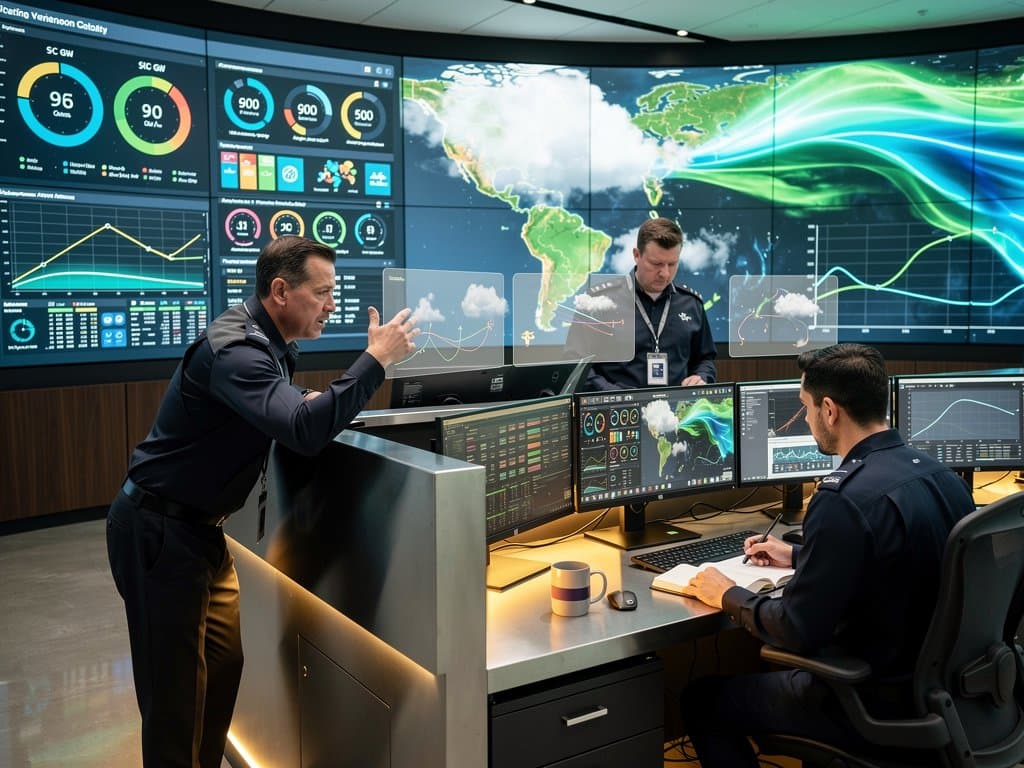 AI-driven grid control room visuals of 6 GW storage forecasts, renewable integration, and V2G data on massive video walls