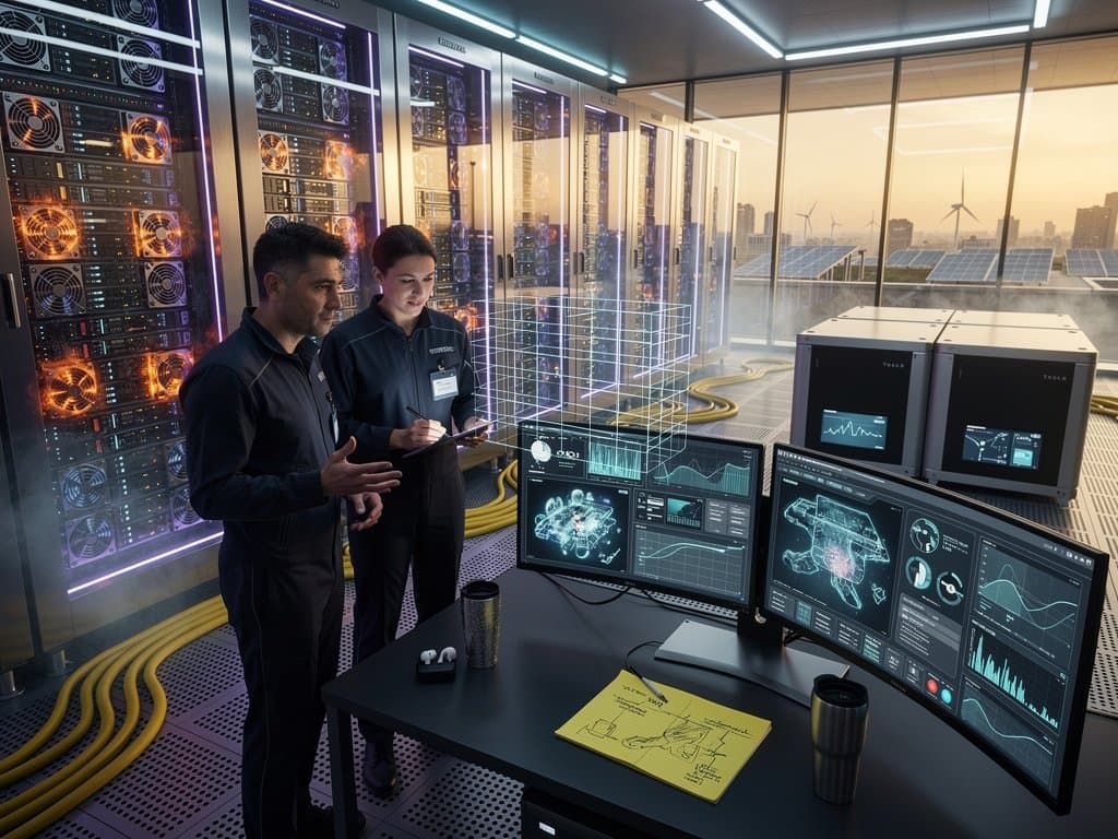Futuristic data center with wafer-scale AI servers powering 10 MW loads, grid battery integration, and high-demand monitoring screens.