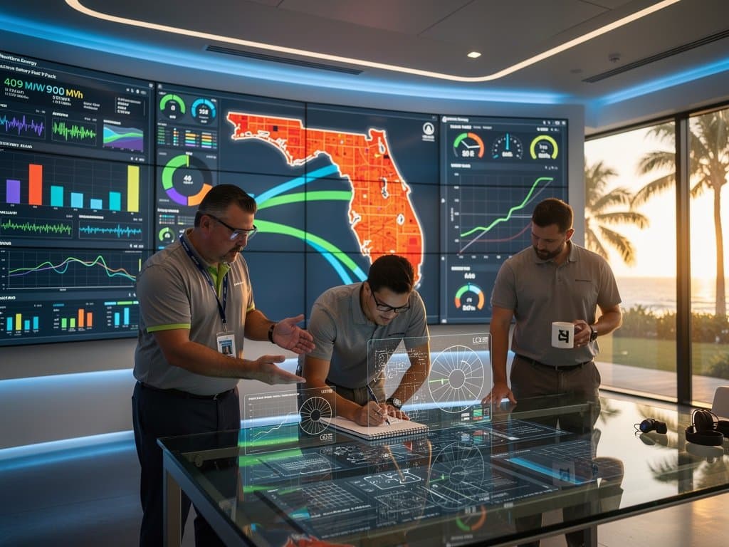 Engineers at NextEra control center monitor solar, wind, and 409 MW/900 MWh battery storage data on multi-screen displays in Florida operations room