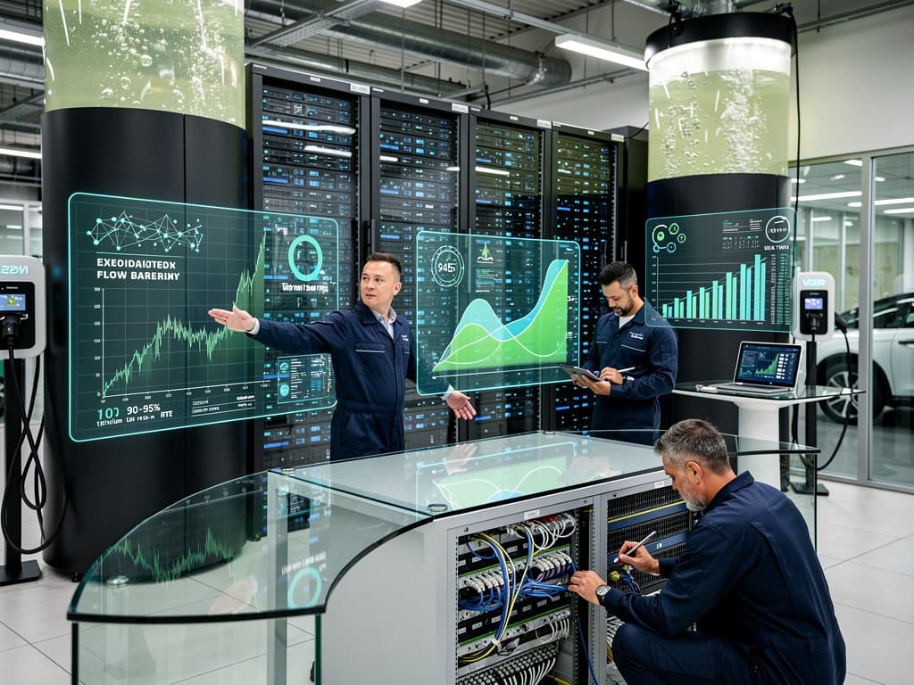 High-tech data center with server racks, battery storage banks, and grid panels under blue LED lighting
