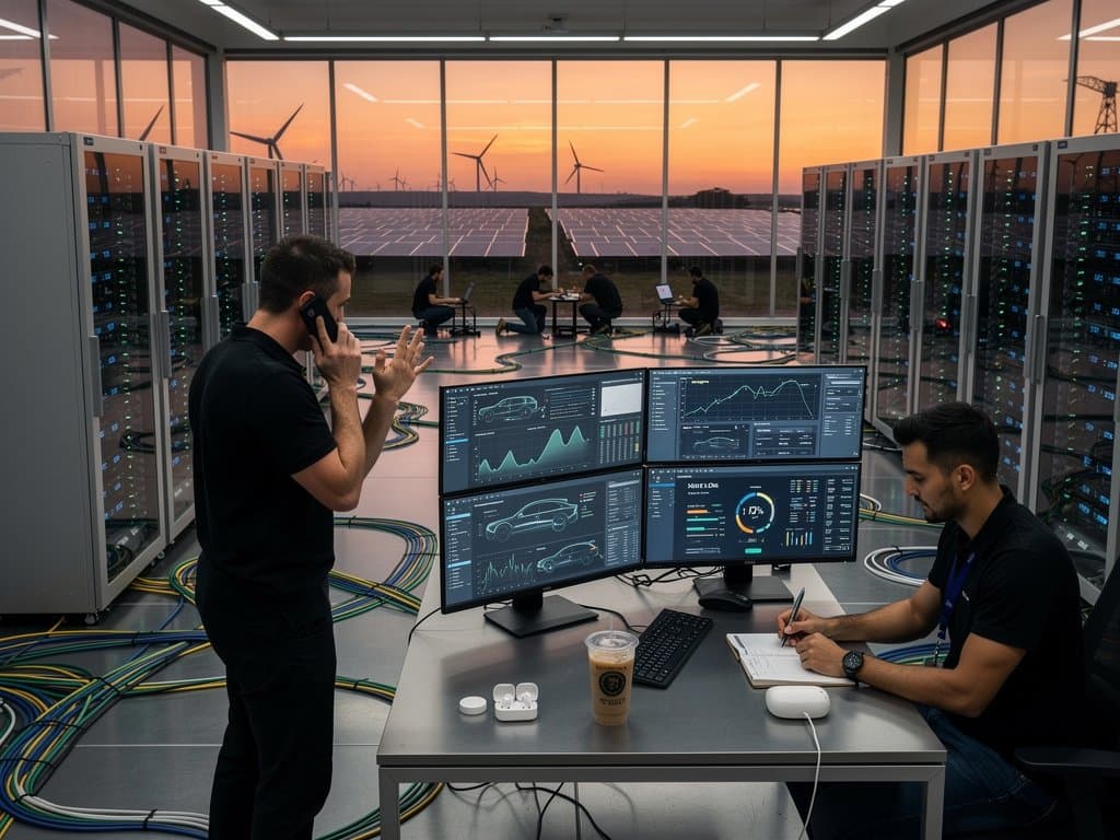 Data center server racks and battery storage modules with power monitoring consoles