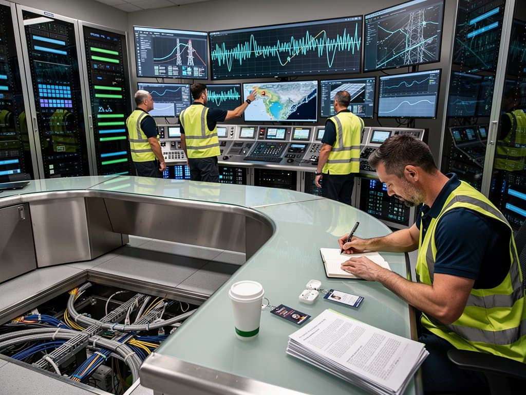 Data center operations room with battery systems, server racks, and solar farm view emphasizing grid stability