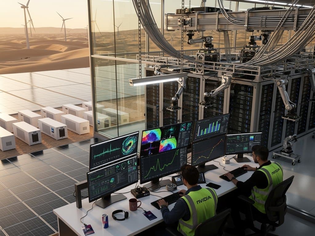 Engineer monitors AI server power and battery storage dashboards in bustling Microsoft hyperscale data center control room