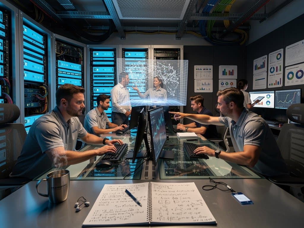 Engineers monitor grid storage data in advanced hyperscaler data center control room with visible battery arrays