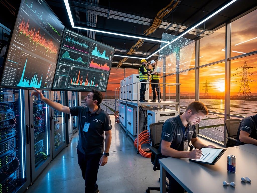 Hyperscale data center servers and Tesla Megapack batteries stabilizing AI power grid