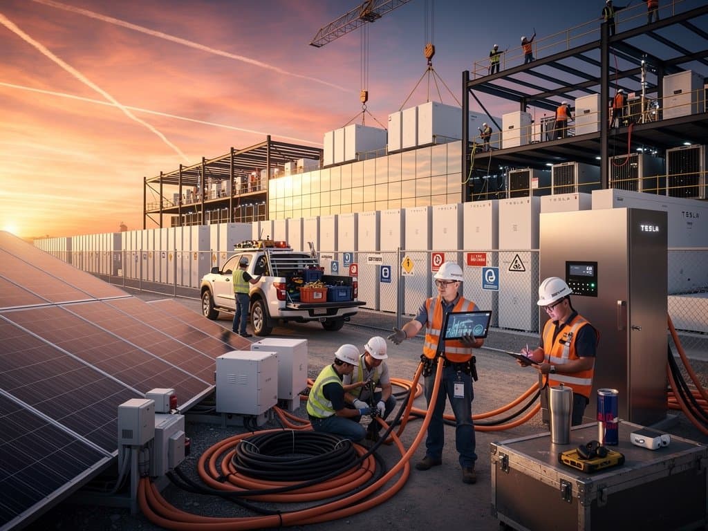 Battery storage arrays and solar inverters support delayed AI data center construction site with engineers monitoring power metrics