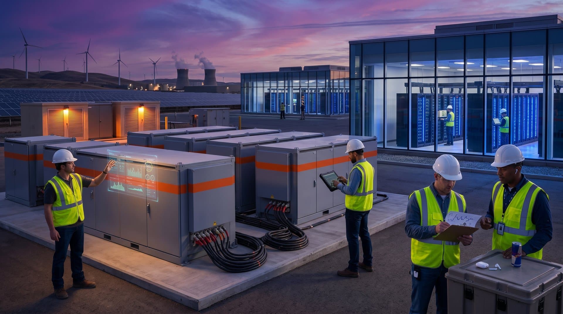 Futuristic data center campus with Megapack grid storage batteries, holographic power metrics, and renewable energy backdrop