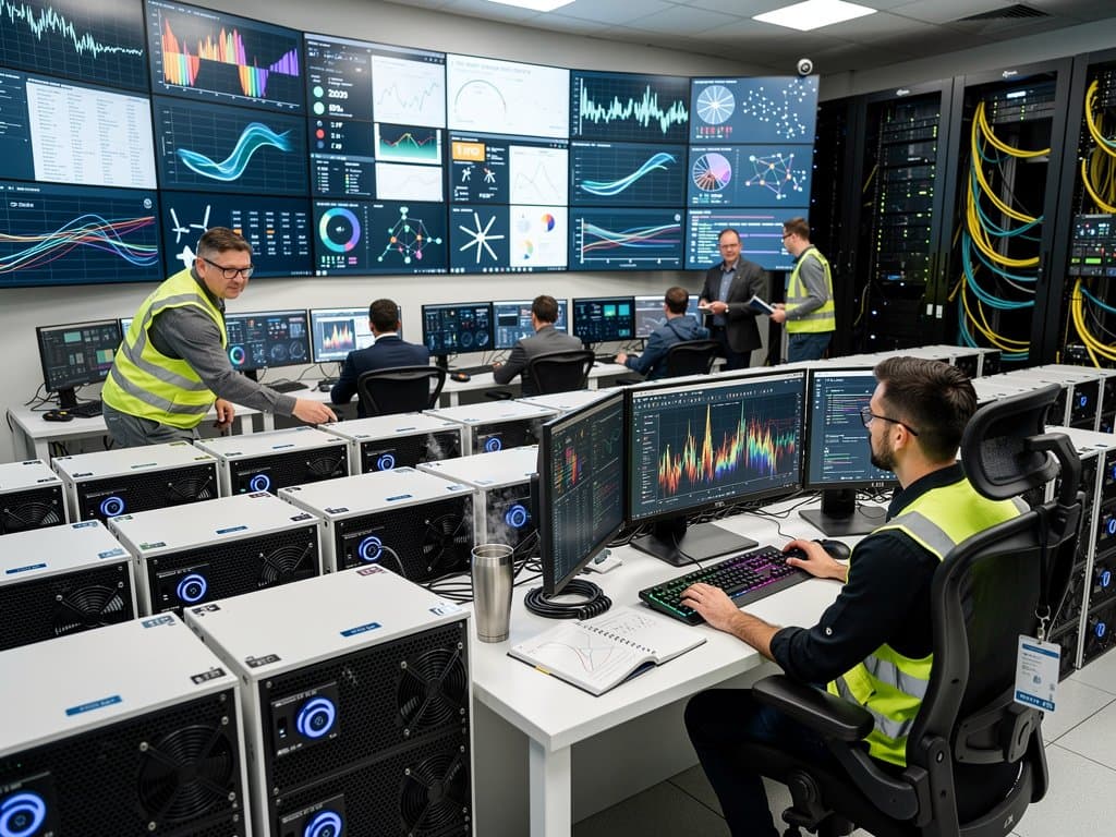 Battery racks and power monitoring screens in modern data center control room with server aisles and renewable energy views