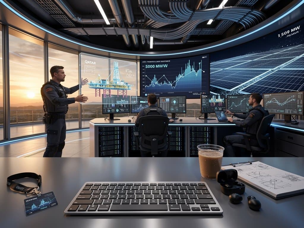 Futuristic data center control room displaying AI power surges, BESS efficiency dashboards, helium futures amid cooling pipes and battery enclosures