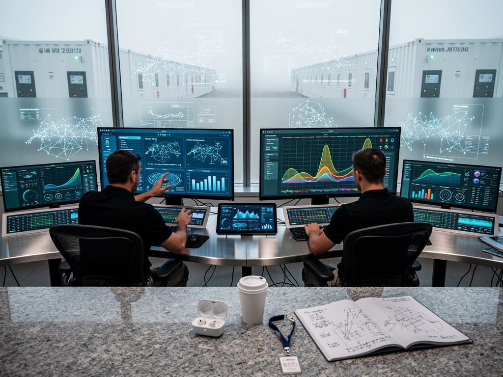 Control room monitors grid frequency and AI data center loads at battery storage facility