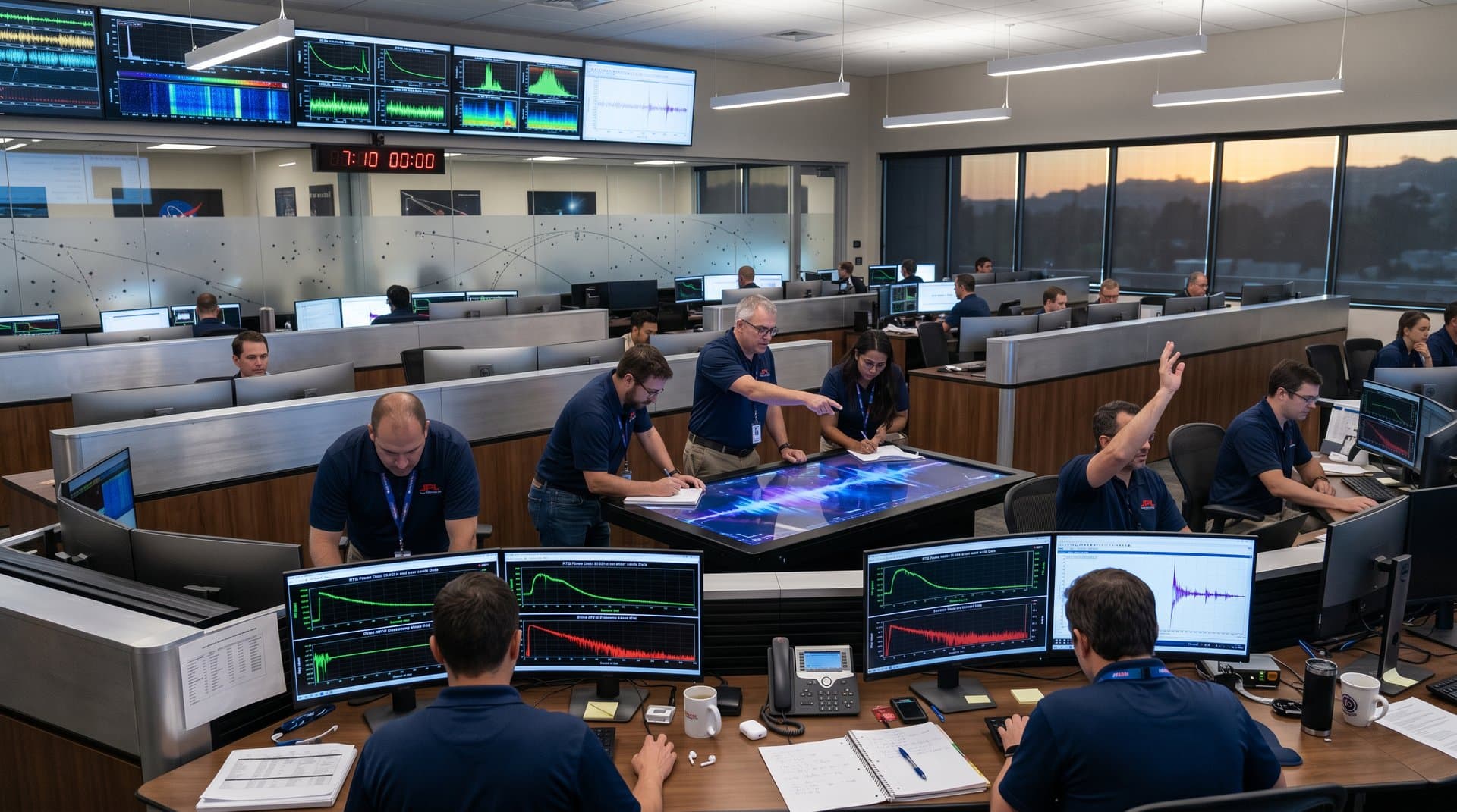 JPL control room monitors display Voyager 1 RTG power telemetry graphs amid modern consoles and data screens