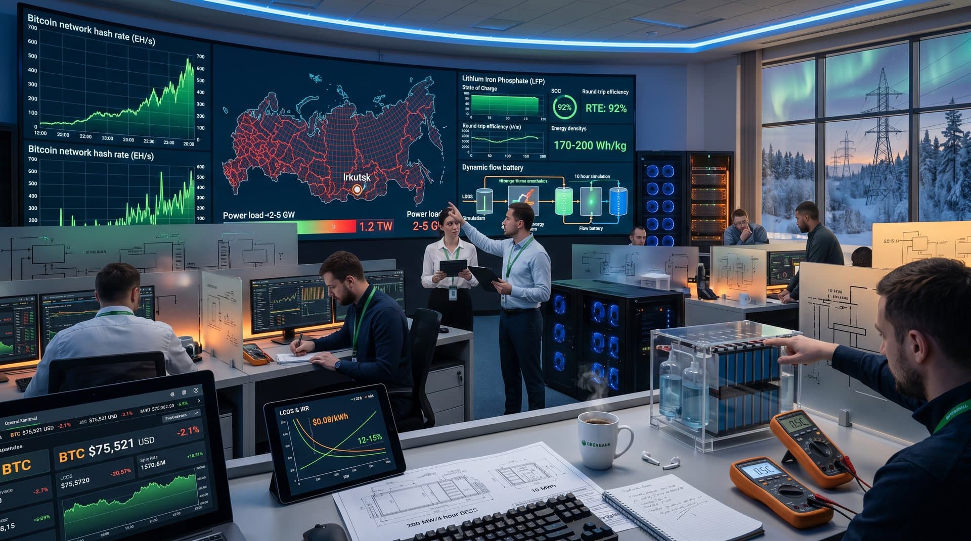 Control room screens monitoring Sberbank crypto trading metrics, Bitcoin mining hash rates, and grid-scale battery storage in Siberian data center