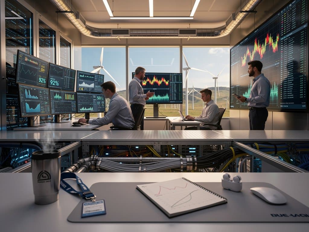 Hyperscale data center control room dashboards show BESS metrics amid server racks and cooling systems