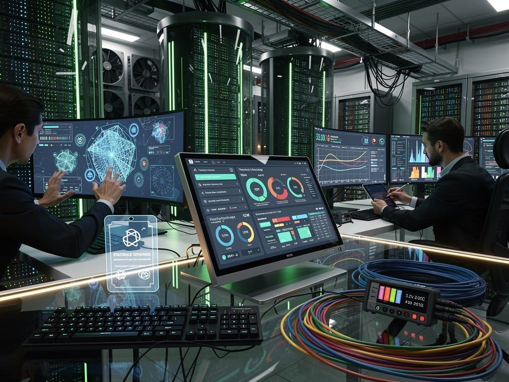 High-tech data center control room screens show battery and AI power metrics amid server racks and control consoles
