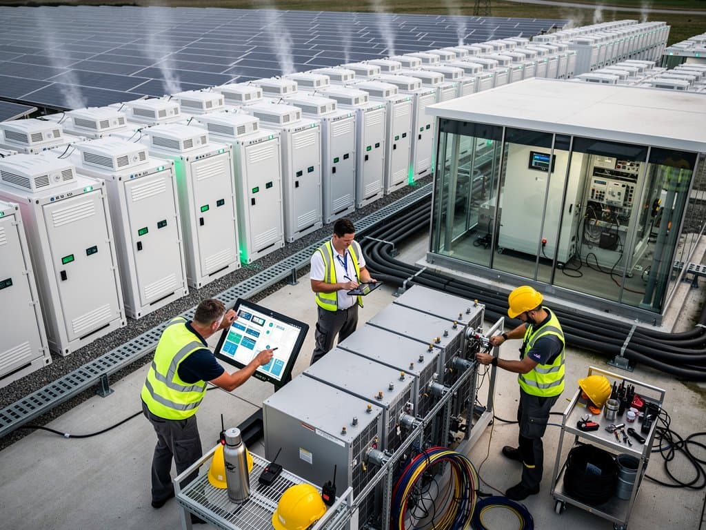 Aerial view of grid-scale battery storage hybrid with solar farm, wind turbines, and AI data center under blue skies