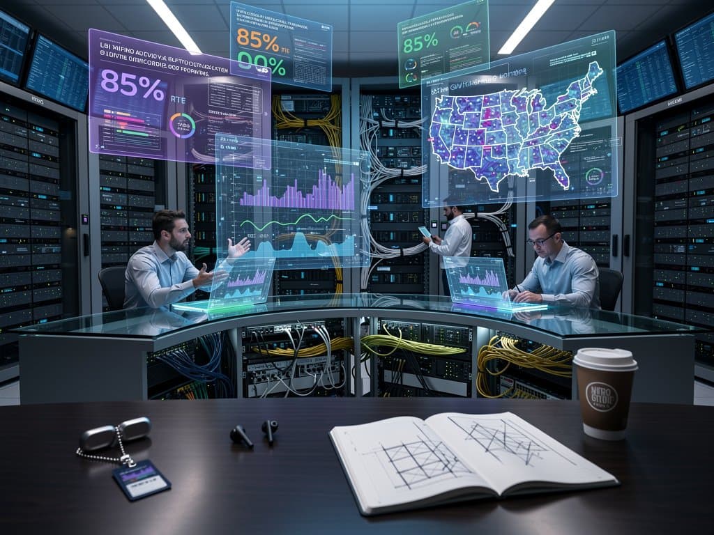 Control room monitors AI power graphs and grid-scale battery systems amid glowing server racks in modern data center