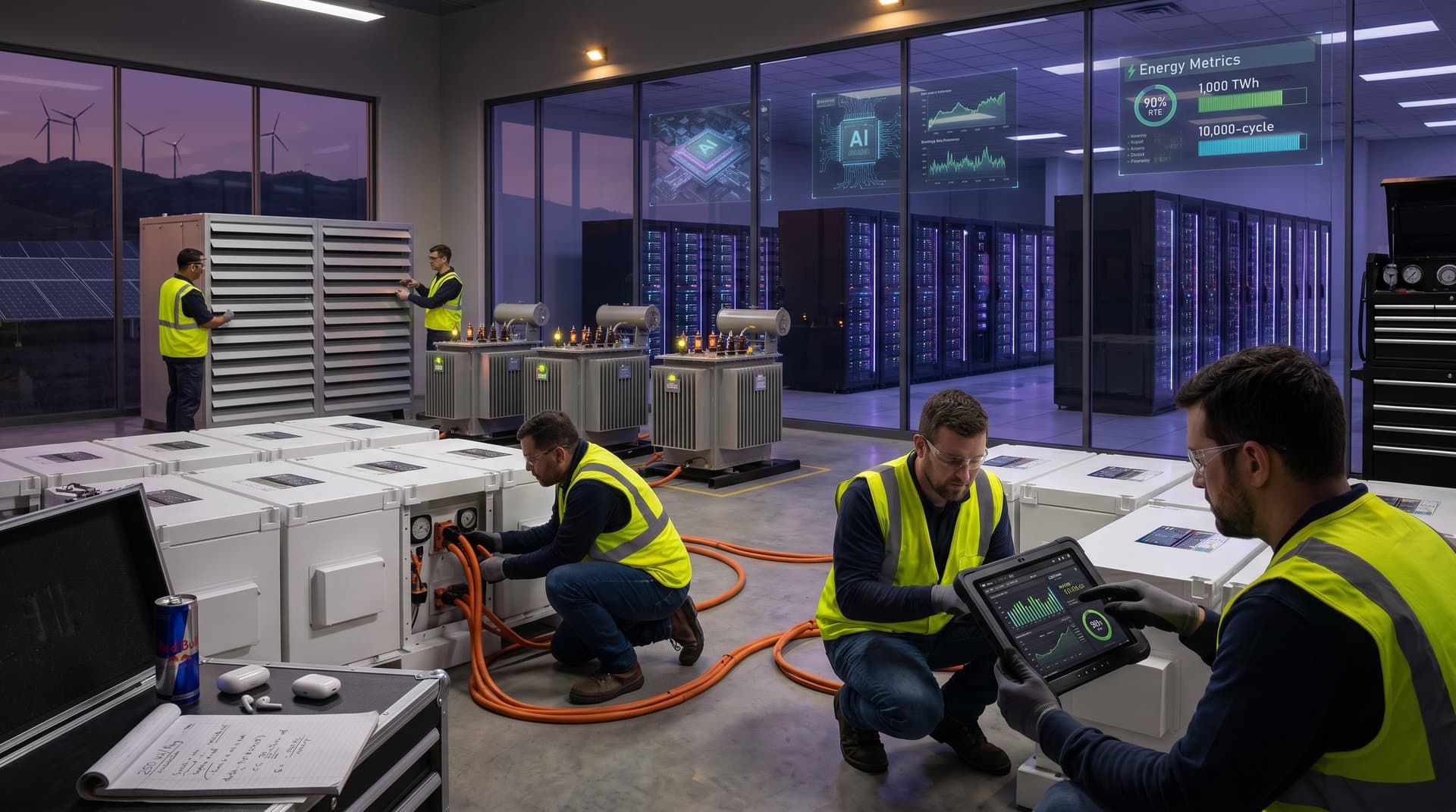 Data center with battery storage arrays, server racks, and renewable energy integration for AI power demands