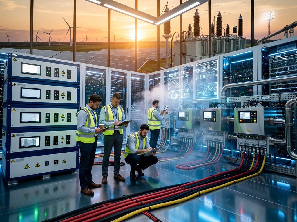 Hyperscale data center with server racks, power units, and adjacent grid battery storage under LED lights