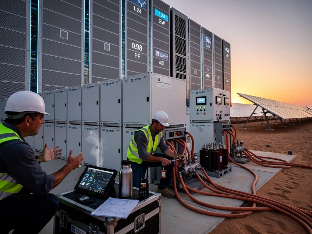 Glowing server racks and battery storage containers in modern data center with solar arrays outside, highlighting AI power and grid solutions