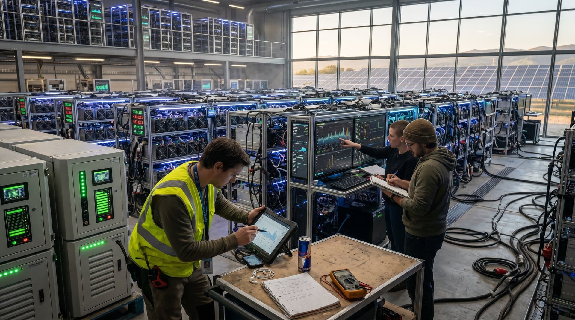 High-tech crypto mining data center with ASIC miners, battery containers, and solar farm view