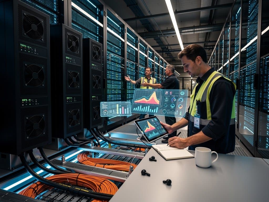 Glowing server racks and battery modules in a modern data center powering AI infrastructure