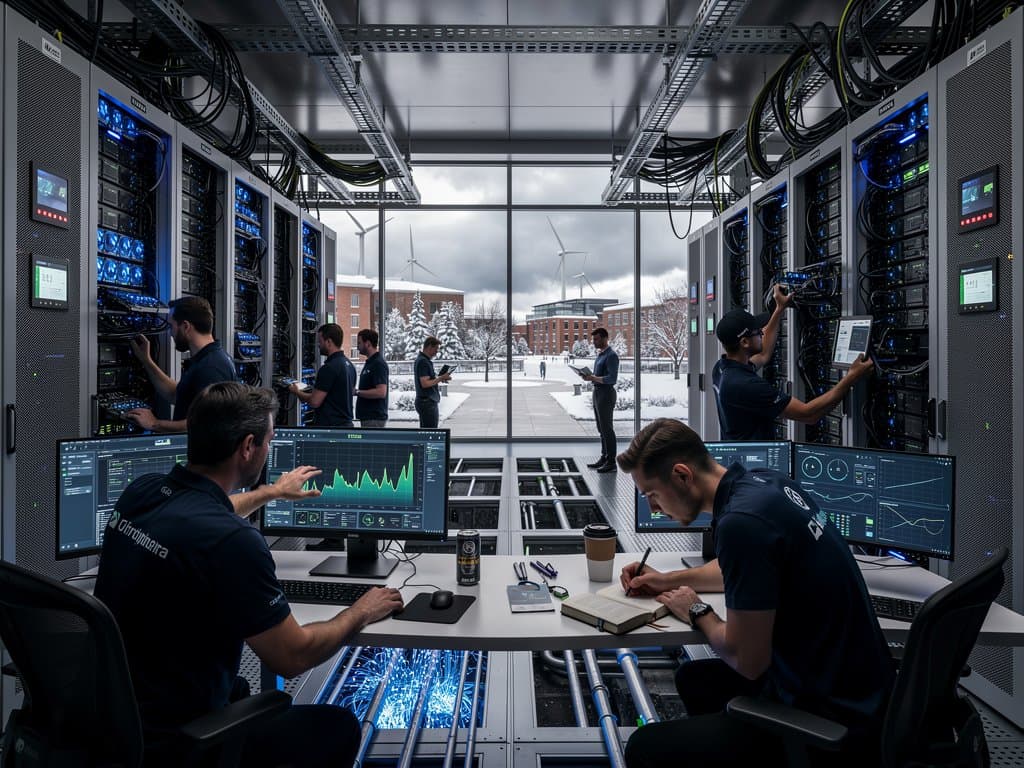 Glowing GPU server racks and lithium-ion battery storage units in a university data center with monitoring screens and renewables view
