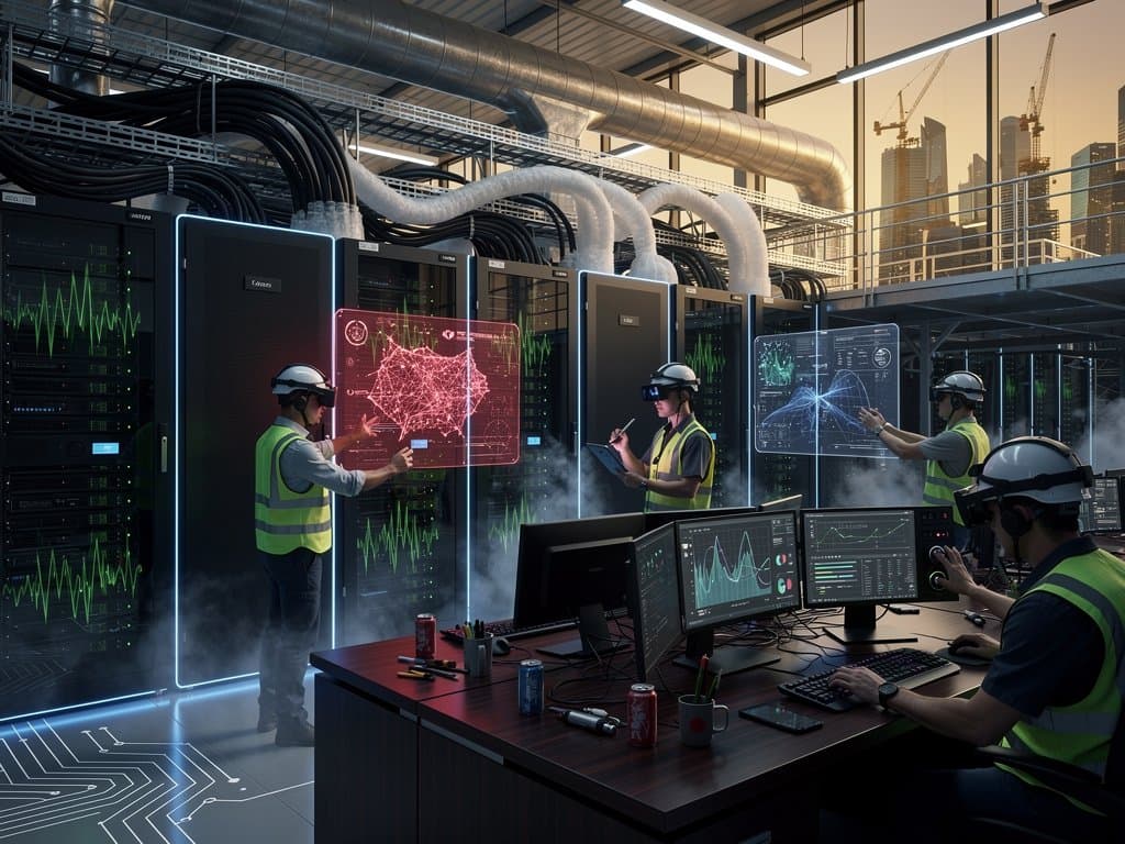 Lithium-ion battery racks powering AI data center server hall with real-time monitoring screens