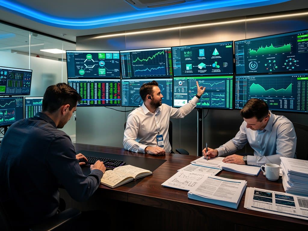 Trading screens showing AI battery tech prompts, LCOS charts, V2G diagrams on Bloomberg terminals in modern office
