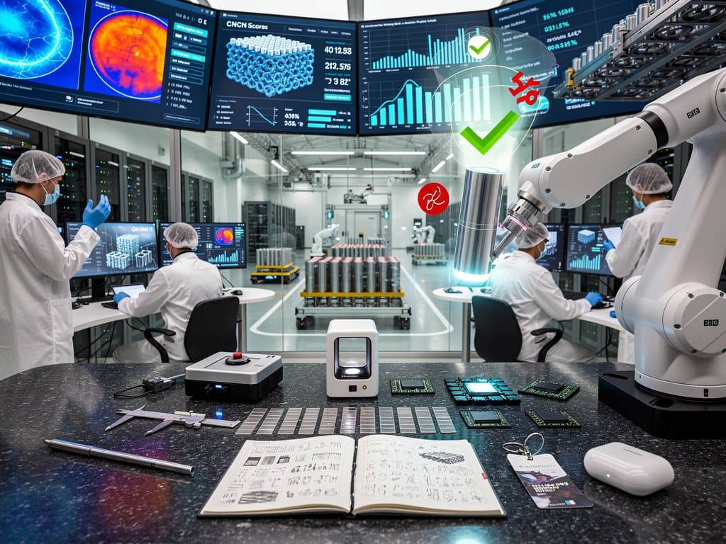 BMW cleanroom with robotic arms, AI screens analyzing battery cells amid production equipment and data monitors