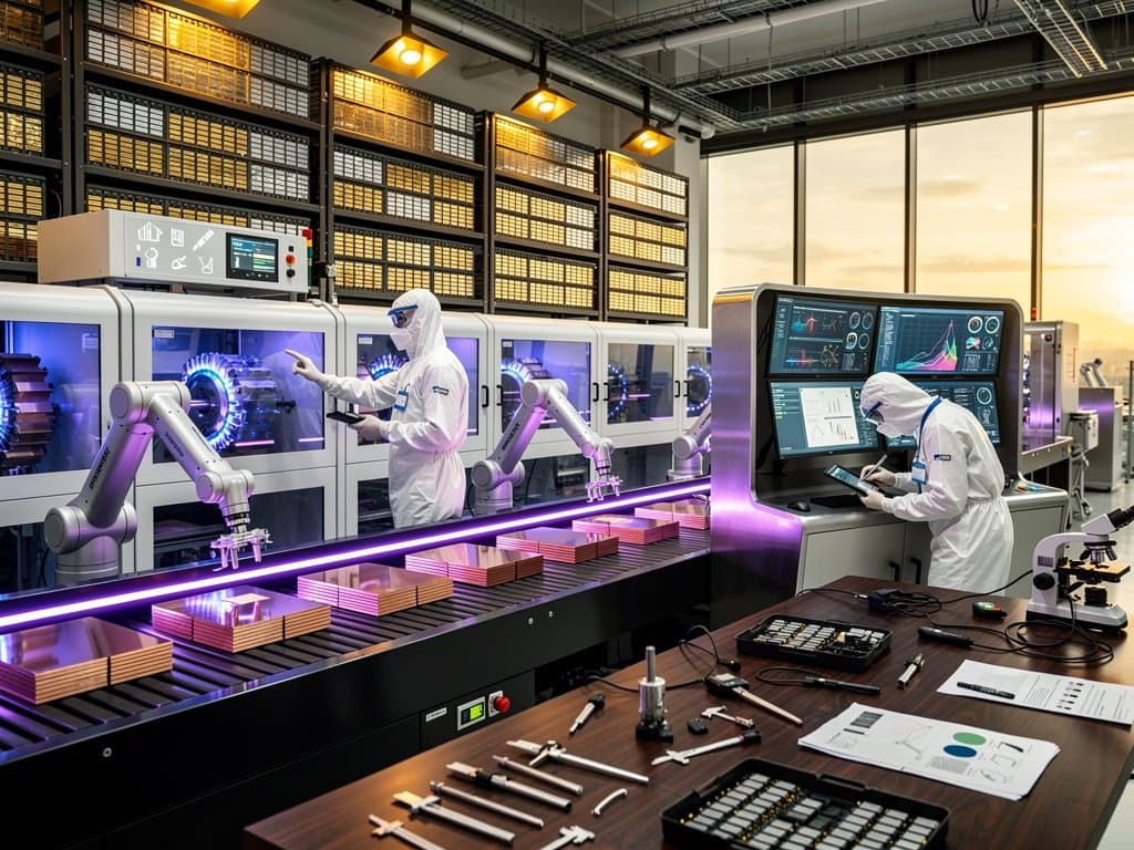 Engineers in cleanroom suits monitor AI screens and robotic battery cell assembly at BMW production facility