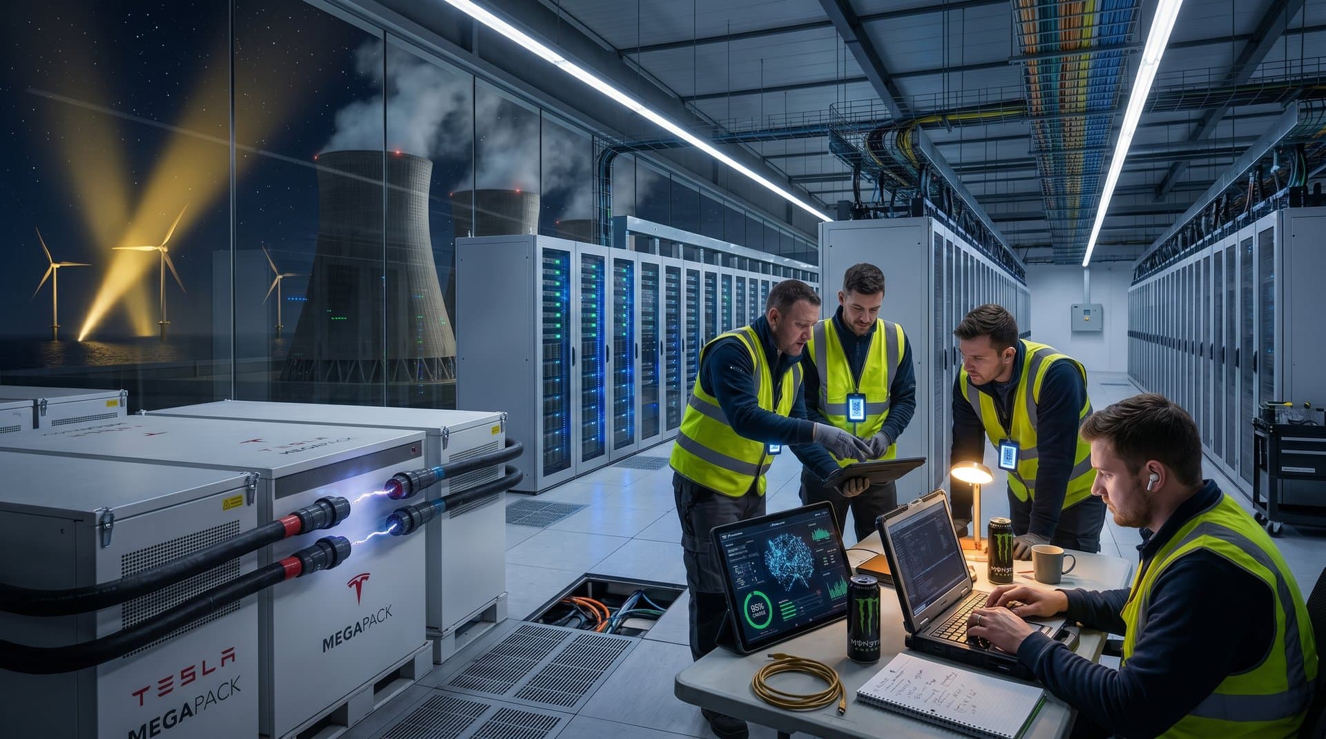 Hyperscale data center with grid-scale battery storage arrays and surging power lines under neon-lit night sky