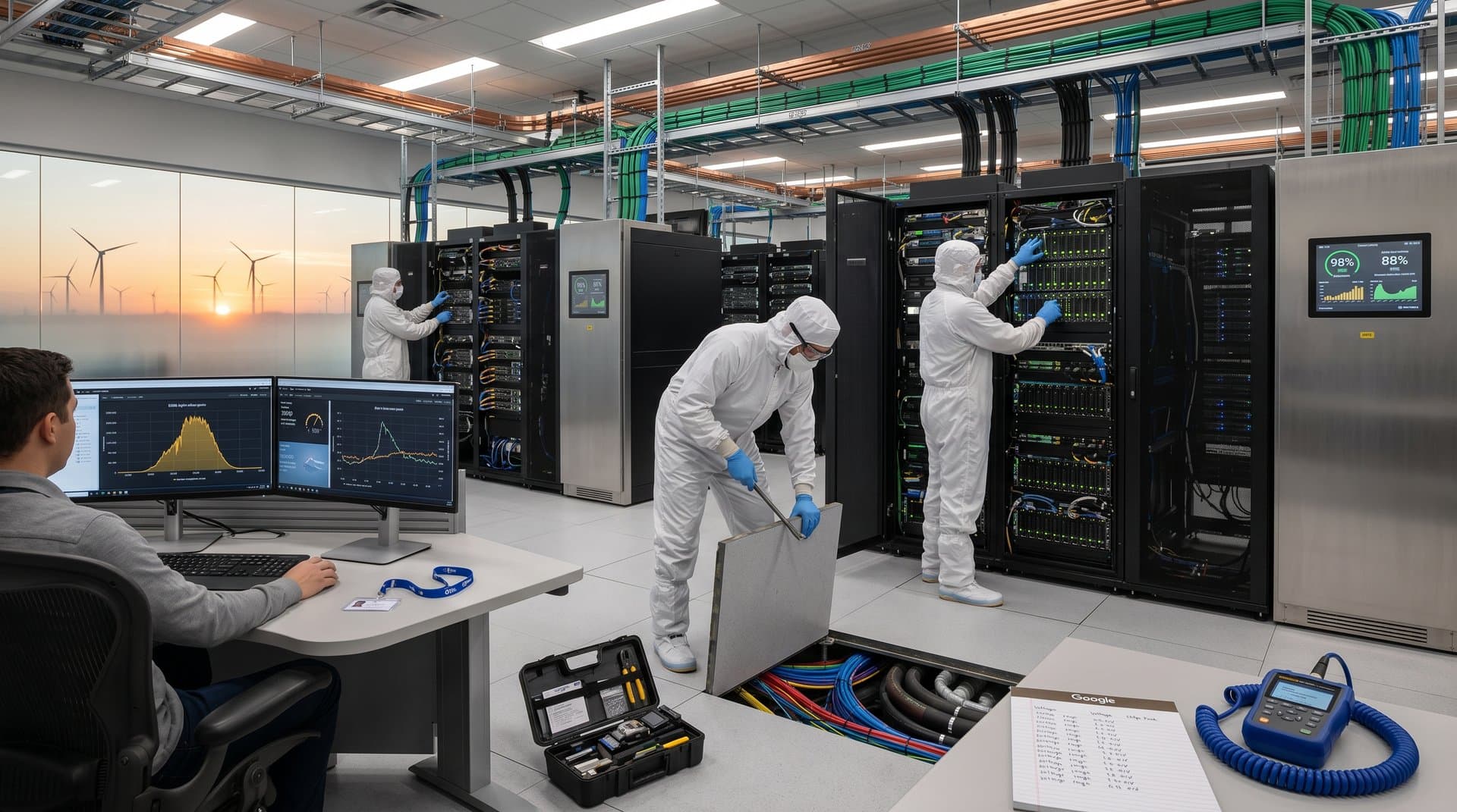 Raised floor tile lifted near BESS enclosures and server racks in modern data center with monitors charting power flows.