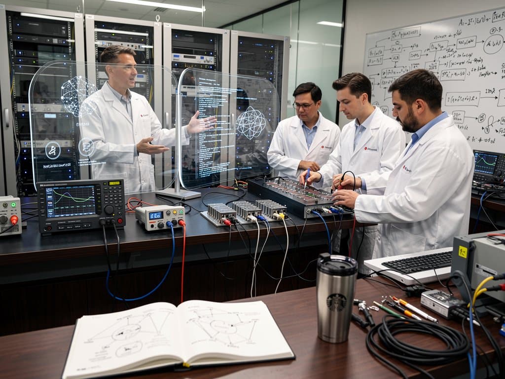 Engineers analyze AI battery management models on multi-monitors in modern lab with server racks, whiteboards, and prototype cells