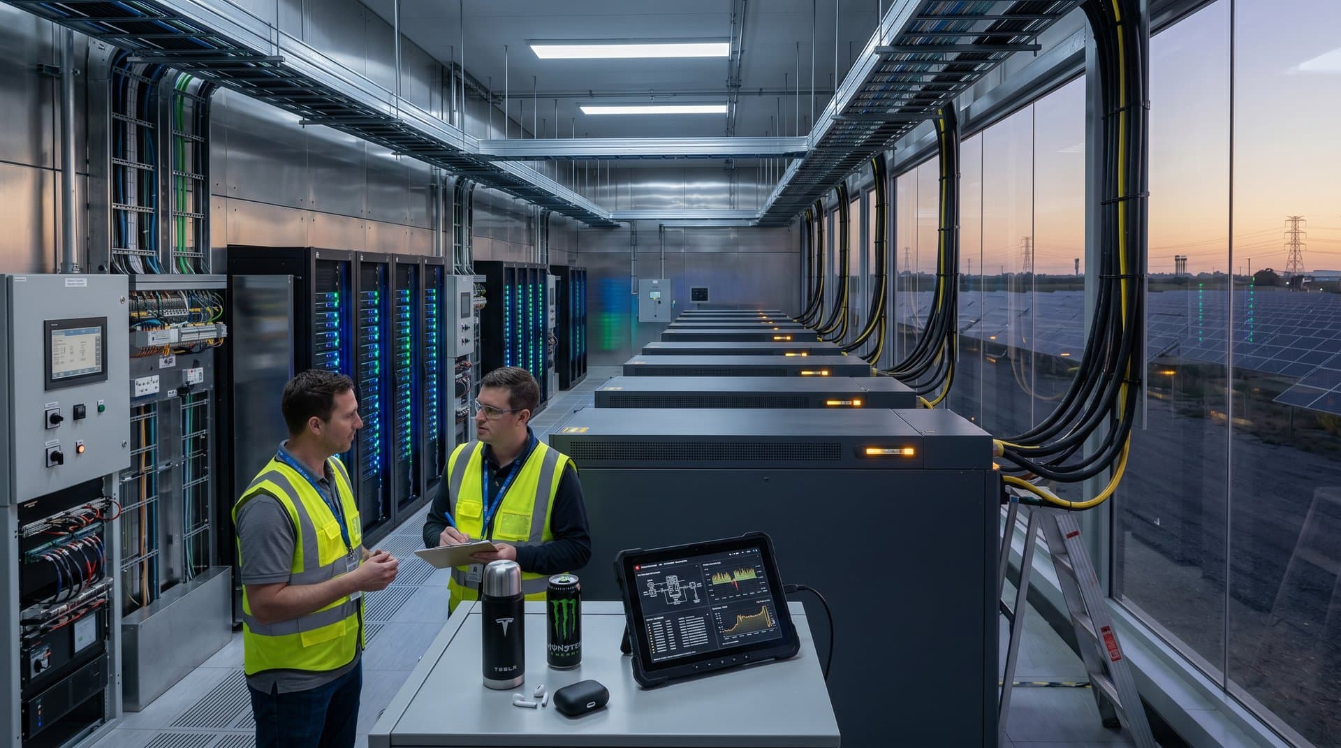 Data center with server racks and battery storage systems highlighting grid power management