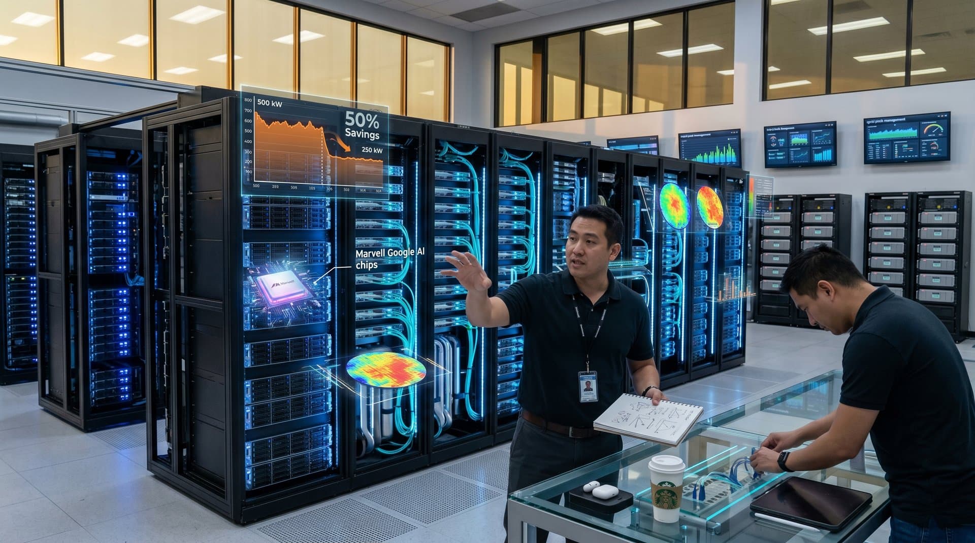 Futuristic data center with Marvell Google AI chips, efficiency graphs, and battery storage integration