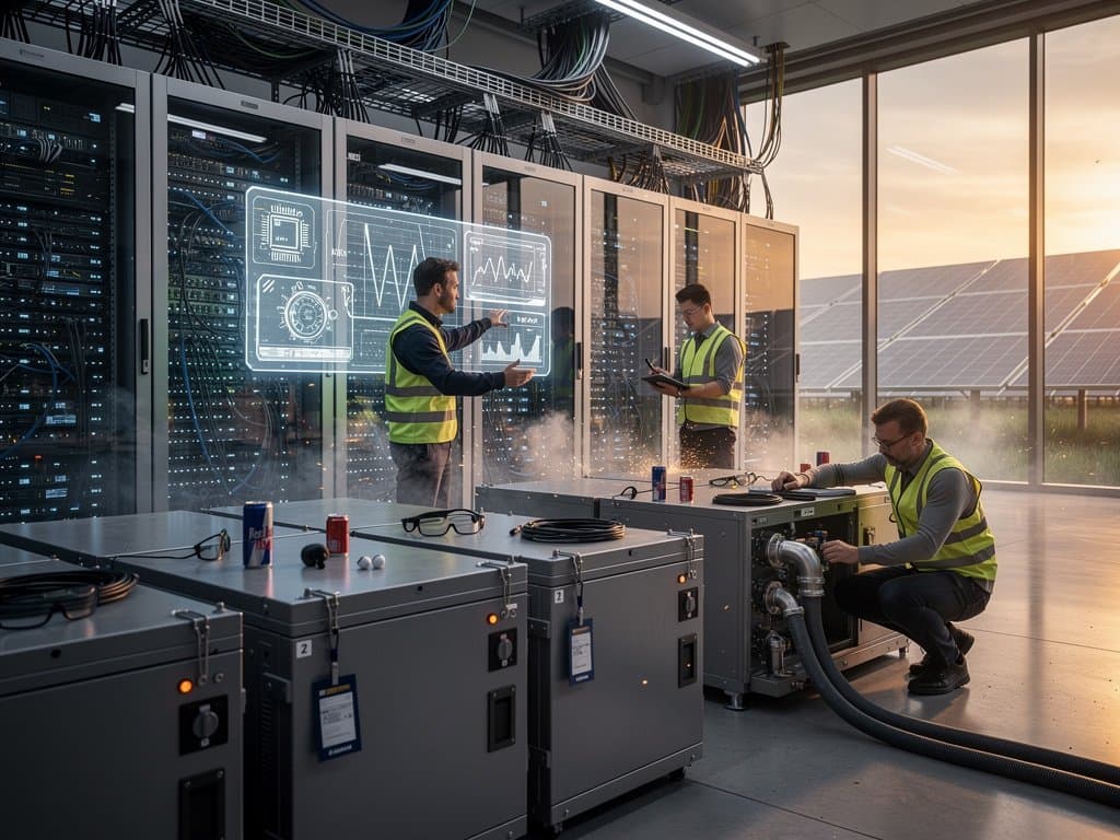 Data center racks and grid-scale battery arrays powering AI infrastructure with renewable energy flows