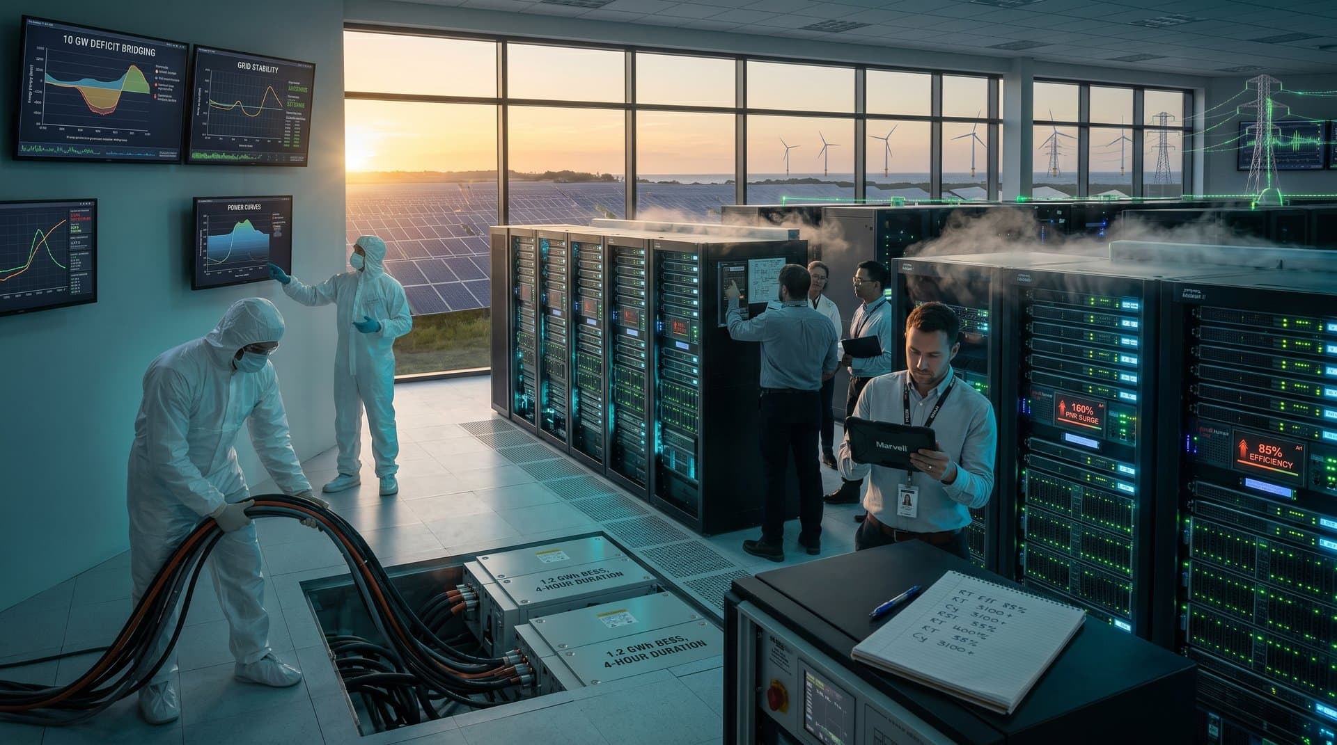 Glowing server racks and power infrastructure in a modern data center with cooling systems, cabling under raised floors, and energy monitoring displays