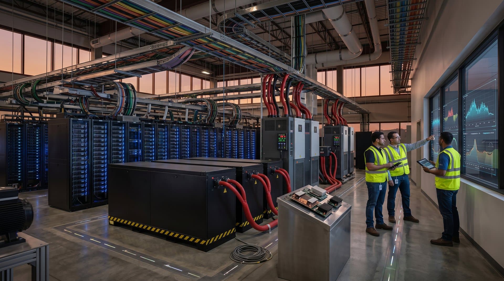 Futuristic data center with glowing server racks, AI chip prototypes, Megapack batteries, holographic power displays, and industrial lighting