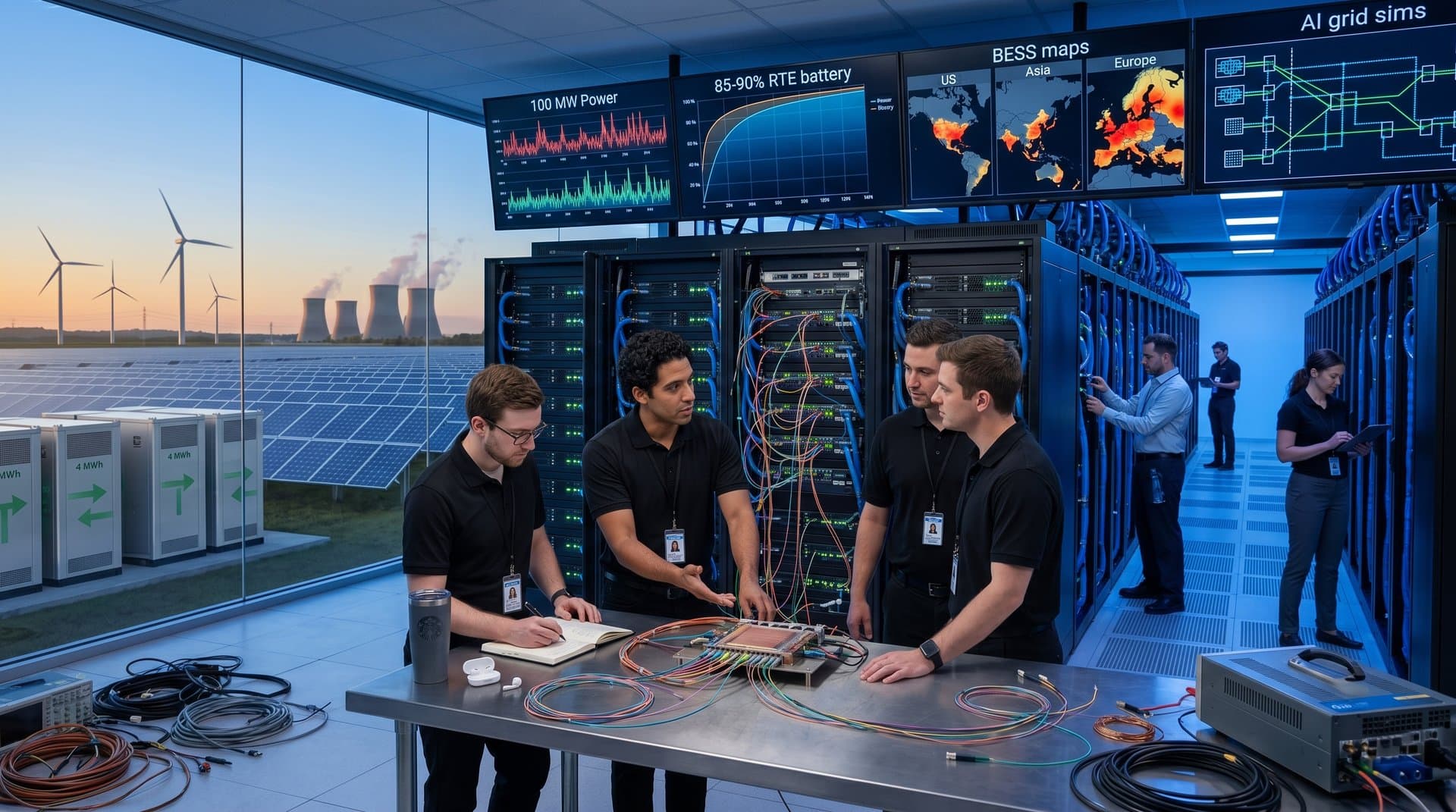 Data center server racks with AI chip prototypes and grid storage simulations on monitors