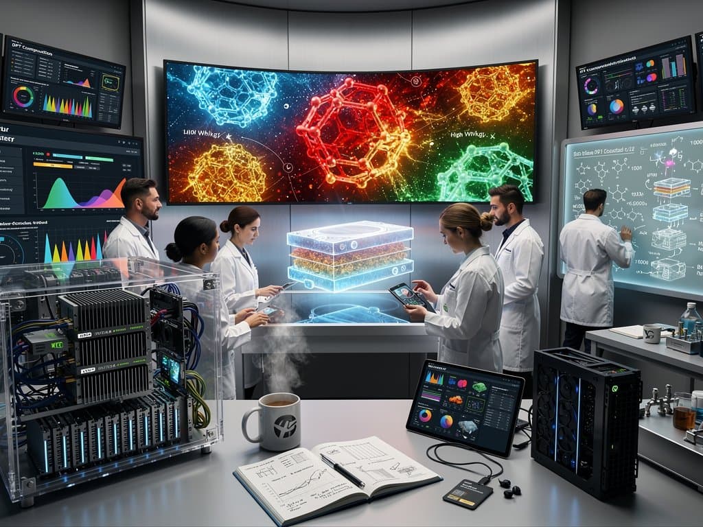 Futuristic lab with 3D AI-generated atomic structures on ultrawide monitor, GPU servers, and whiteboards showing battery material designs