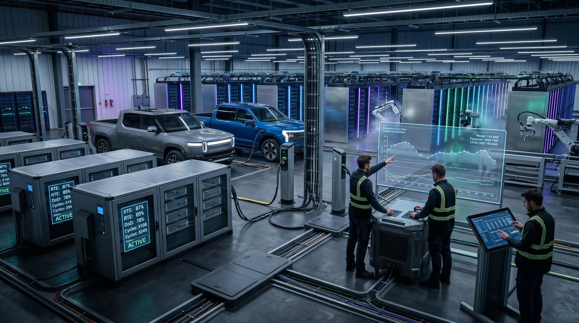 Futuristic data center with glowing GPU racks, massive battery containers, V2G EV chargers, and energy flow visuals