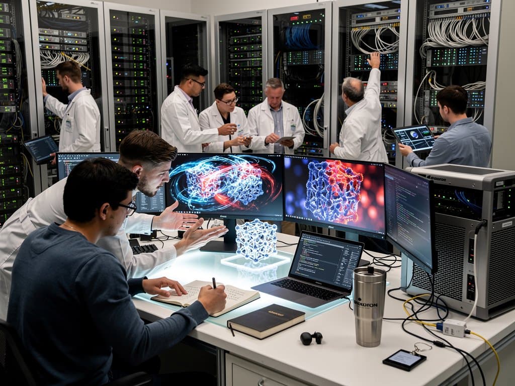 3D crystal structures and AI simulations on monitors in a high-tech lab for battery material discovery